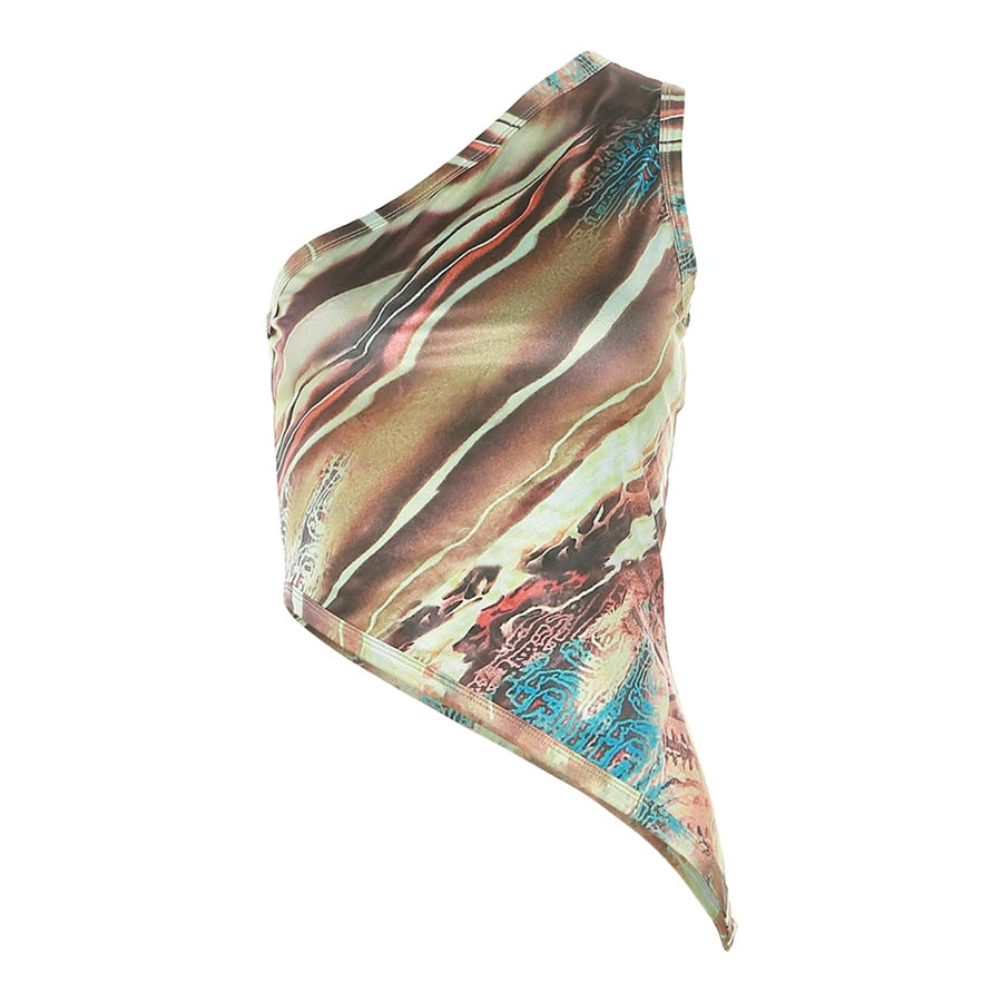 Irregular Print Tanks Tops Women Unique Incline Shoulder Sleeveless Body-shaping Hipster vest Female Streetwear