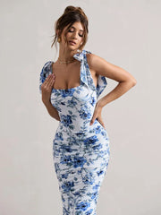 Floral Print Backless Sexy Maxi Dress For Women Gown Spaghetti Strap Square Collar Ruched Bodycon Club Party Dress