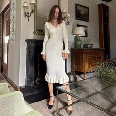 Retro European and American cross-border French dress, ruffled edge dress, knitted dress, autumn and winter new woolen dress