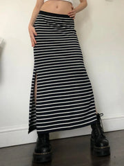Y2K Black White Stripe Long Skirts Women Split Elastic Waist Basic Elegant Knitted Skirt