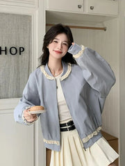 Lace Patchwork Sweet Jacket Women Loose Vintage Preppy Style Cute Coat Female Long Sleeve Korean Retro O Neck Tops Outwear