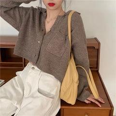 Women Crop Cardigan Collared Front Pocket Long Sleeve Button Down Sweater Jacket Cardi Female Autumn Winter Casual Chic