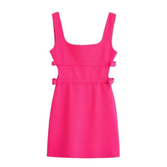 Fashion Bow Hollow Out Sleeveless Square Neck Short Dress Tight Sexy Backless Rosered Summer Dress  New Female Clothing