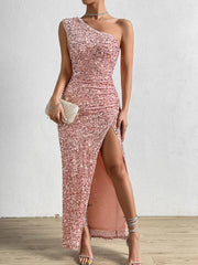 Glitter Sequin Maxi Long Dresses For Women Clothing One Shoulder High Split Sexy Party Dress Backless Summer Vestidos