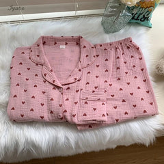 Cotton Comfort Sleepwear Casual Women Pajamas Spring Summer Cherry Print Cute Lapel Button Shirts And Pant Two Piece Sets 2024