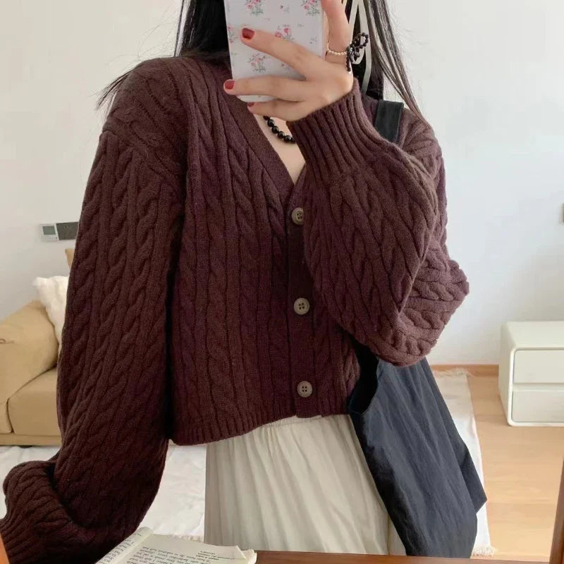 Cable Knit Cardigan for Women Long Sleeve Button-up Box-fit Crop Sweater Jacket Autumn Winter Teen-girl Y2K 90s Outfit