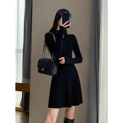 Pbong  Women's Knitted A- Line Mini Dress Hepburn Little Black Dress Autumn Winter Inner Wear Slimming Base Layer Skirt For Coat