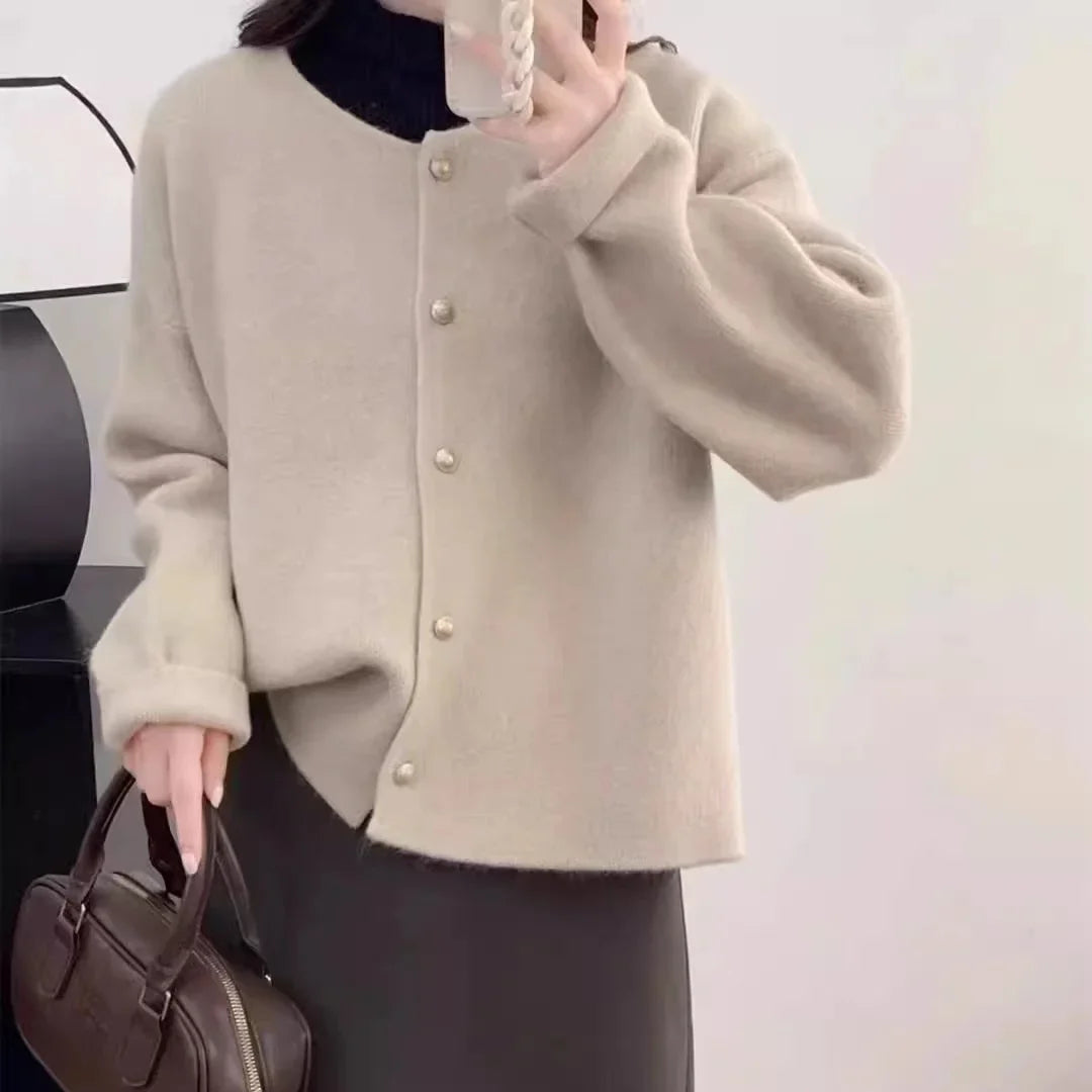 Women Sweater Cardigan Polished Gold Button Up Soft Knitted Long Sleeve Sweater Jacket Top Fall Winter Korean Ladies Chic Outfit