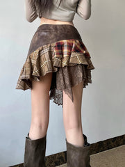 American Retro Asymmetrical Women's Mini Skirts Lace Stripes Plaid Leather Irregular Fashion Chic Design Short Dresses