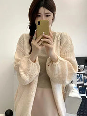 Lazy Wind Retro Cardigan Women Casual Loose Long Sleeve Korean Knitted Sweaters Coats Vintage Fall Winter Simple Solid Tops New