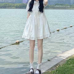 Kawaii White Lolita Dress Women Soft Girl Sweet Princess Ruffle Elegant Dresses Peter Pan Colalr Button Summer