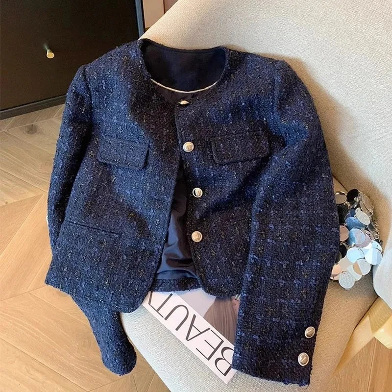 Women's Short Jacket 2025 Spring Autumn Navy Blue Fashion Lady Outerwear Temperament Long Sleeve Ladies Small Fragrant Coat