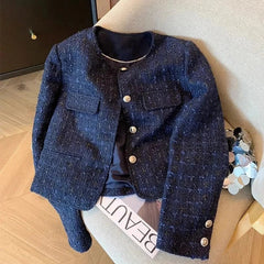 Women's Short Jacket 2025 Spring Autumn Navy Blue Fashion Lady Outerwear Temperament Long Sleeve Ladies Small Fragrant Coat