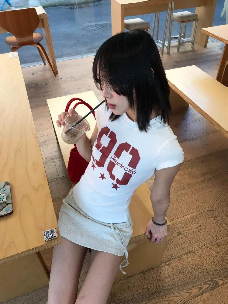 American Summer Short Sleeve T-shirts Women's  New Design Slim Fit Sweet and Spicy Sle Printed Tops