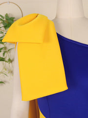 Women Dresses Bodycon Party Sexy One Shoulder Bowtie Blue Yellow Patchwork Irregular Sheath Event Lady African Autumn Night Out  Pbong mid size graduation outfit romantic style teen swag clean girl ideas 90s latina aesthetic