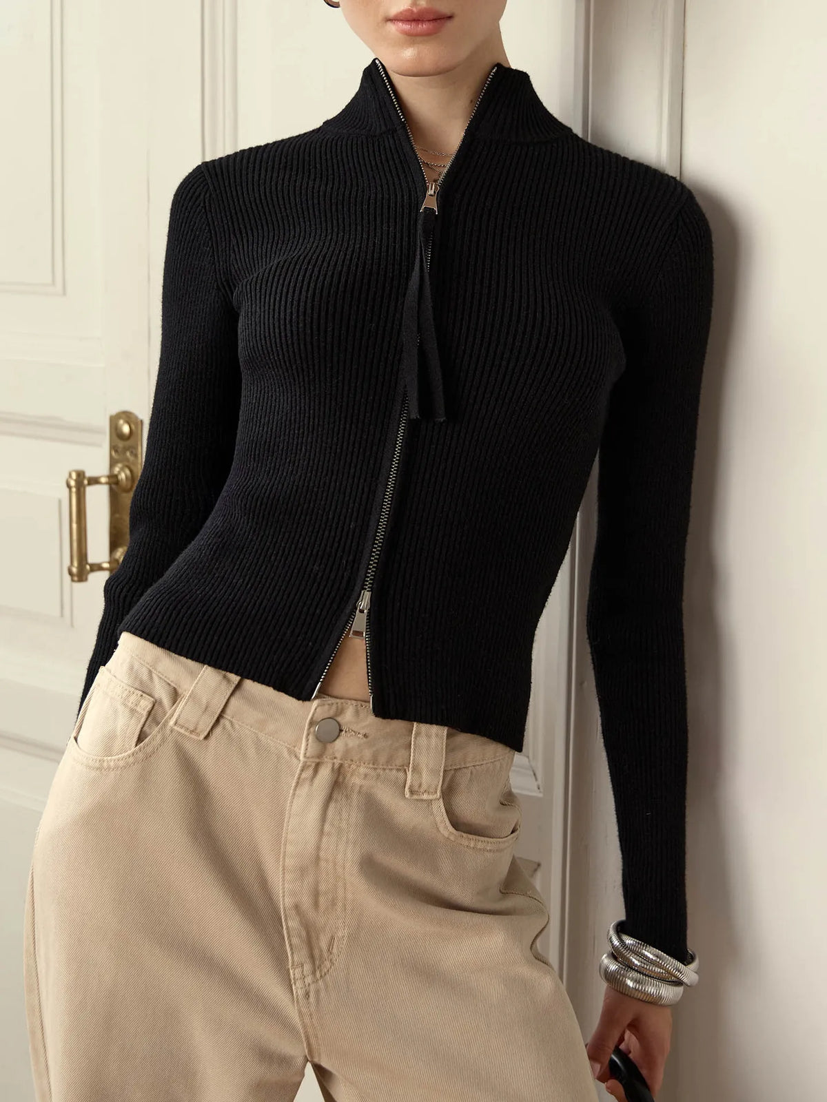 Zipper Stand Collar Slim Women Sweater Basic Solid Color Long Sleeve Knitting Tops Spring Fall Casual Ribbed Tight Jakcet Female