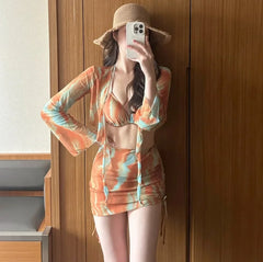 Bikini Set Women Sexy Swimsuit Chic Solid Four-Piece Halter Lace Up Female Swimwear New Fashion Korean Bathing Beachwear