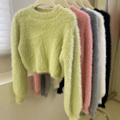 Women's Fuzzy Knitt Top Long Sleeve Mock Neck Fluffy Sweater Pullovers Cozy Plain Jumper Teen-girl Fall Winter Y2K Outfit