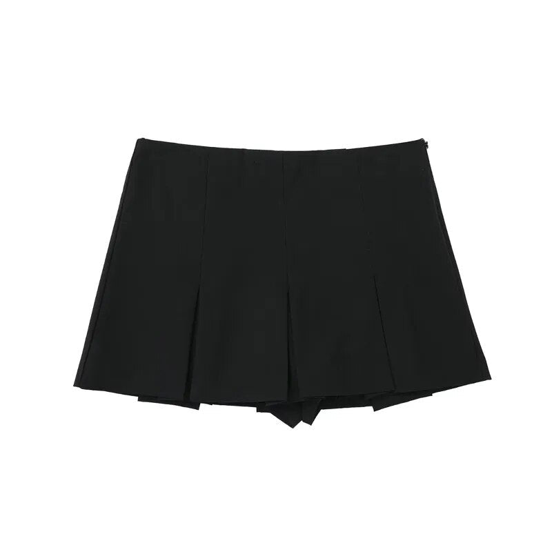 Grey Wide Pleated Mini Shorts Skirts High Street Stripe American Retro Solid Vintage Blogger Sexy Woman Black