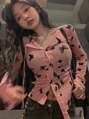 Korean Fashion Designer Butterfly Y2k Fashion Women Shirts Blouses Long sleeve Top Elegant Youth Clothing Sexy Shirt