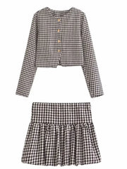 2025 New Spring Houndstooth Tweed Short Coat And Pleated Skirt Women Sets Single Breasted Retro Jacket + High Waist Skirt Suit