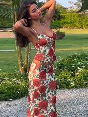 Fashion Red Flower Print Bodycon Long Skirt Set Women Backless Sleeveless Tank Tops High Waist Skirts Sexy Beach Vocation Outfit