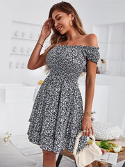 Summer Square Collar Cotton Print Dress Women Casual Short Sleeve Slim High Wasit Floral Off The Shoulder Dresses