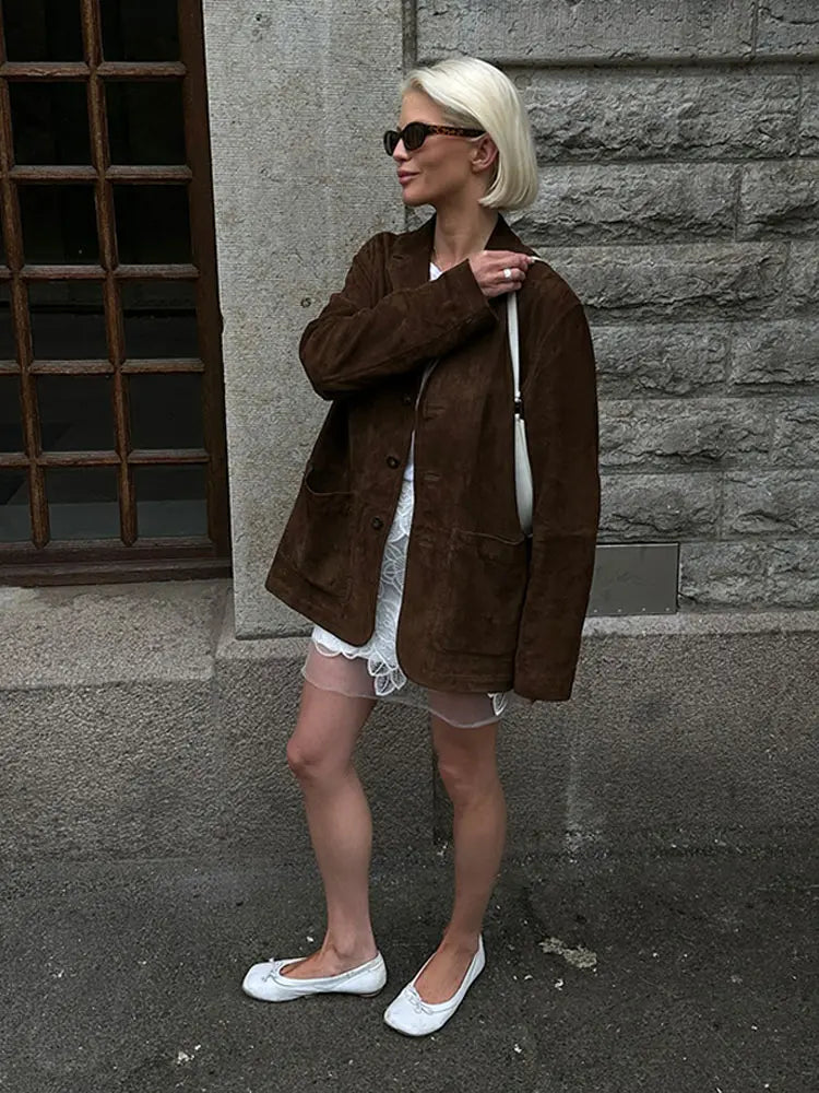 Women Fashion Brown Suede Coat Casual Lapel Long Sleeve Button With Pocket Jacket Lady Autumn Warm High Street Outerwear