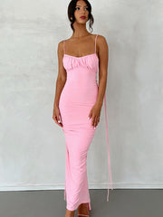 Backless Ruched Sexy Maxi Dress For Women Robe Hot Summer Spaghetti Strap Sleeveless Bodycon Party Long Dress Vestidos