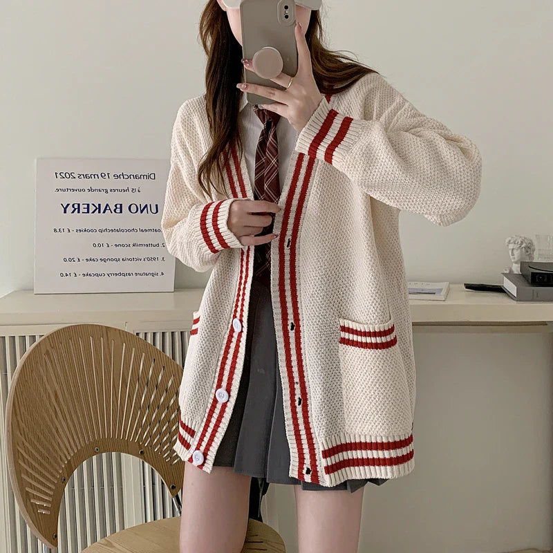 Women Cardigan Sweater Varsity Striped Front Pocket Long Sleeve Button-up Knit Sweater Jacket College Student Girl Preppy Style