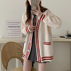 Women Cardigan Sweater Varsity Striped Front Pocket Long Sleeve Button-up Knit Sweater Jacket College Student Girl Preppy Style
