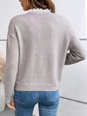 Women's Lace V-neck Long Sleeve Knitted Sweater Autumn Winter Warm Fashionable Knitwear for Ladies