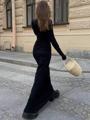 Elegant Long Sleeve Pleated Maxi Dress For Women Autumn Winter New O Neck Bodycon Long Dress Vestidos Clothes