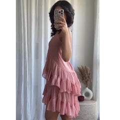 Asymmetric Ruffle Hic Party Dress For Summer V-neck Solid Color Pink Fashion Women Slip Dress Streetwear Holiday Female Clothes