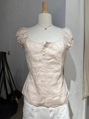 Women Sweet Pink Linen Lace-up Slim T Shirt Summer Buttons O-neck Puff Sleeve Blouse Vintage Preppy Solid Cute Tees Y2k