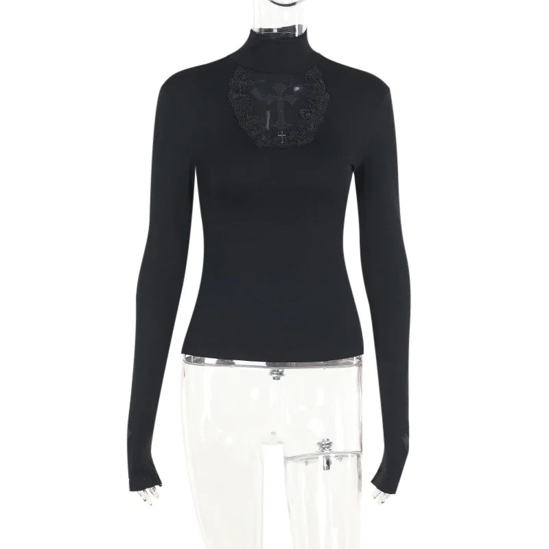 Gothic T-Shirt Cross Y2k Women Sweater Hollow Harajuku Turtleneck Pullover Japanese Fashion Slim Autumn Black Sweater Sexy