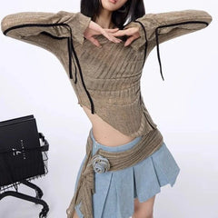 2000s Aesthetic Vintage T-shirts Women Sexy Y2k Punk Gyaru Long Sleeve Crop Streetwear Asymmetrical Top Slash Neck Tee