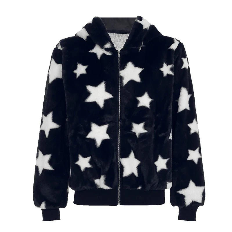 Autumn Winter New Y2k Women's Long Sleeve Hoodies Star Print Velvet Zipper Straight Loose Cardigan Design Warm