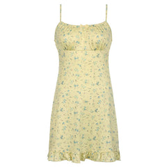 Yellow Bow Small Flowers Printing Mini Dress