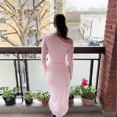 Autumn Long Sleeve Dress Women Pink Mesh Maxi Dress 2024 New Arrivals High Slit Bodycon Party Dresses Women
