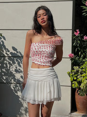 Patchwork 2-Piece Set Women Folds Love Print Single Shoulder Sleeve Tops+Solid Multilayer Mesh Skirts Slim Matching Suit