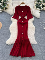 2025 Autumn Sweater Dress Female High Quality Button Design V Neck Solid French Style Elastic Knitted Women's Dress