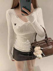 Casual V Neck White Pullovers Women Sweaters Autumn Winter Basic Long Sleeve Y2k Clothes Korean Pink Grey Ladies Tops Jumpers