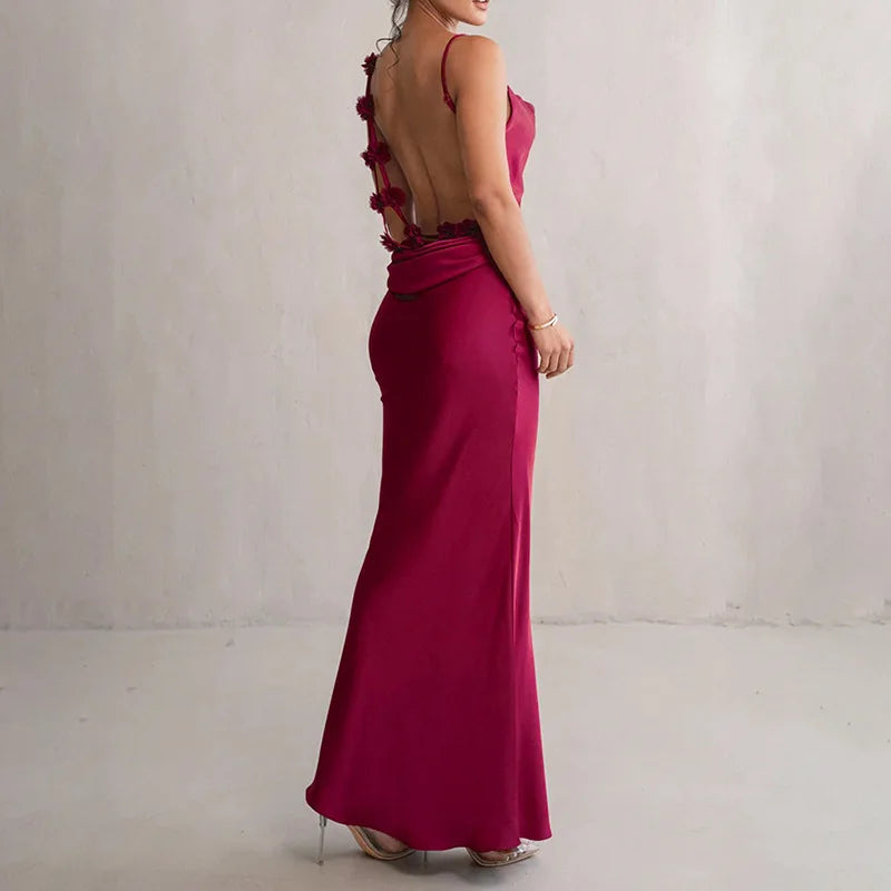 Womens Temperament Satin Dress Summer Sexy Suspender Off-Shoulder Party Dress Elegant Solid Color Hollow Backless Evening Dress