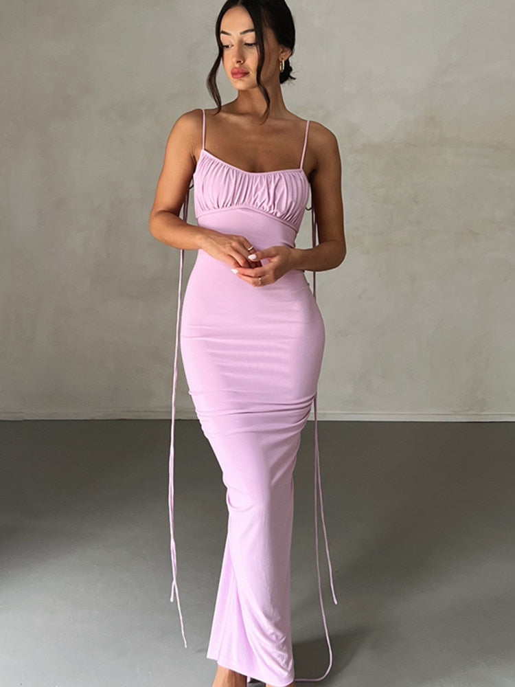Backless Ruched Sexy Maxi Dress For Women Robe Hot Summer Spaghetti Strap Sleeveless Bodycon Party Long Dress Vestidos