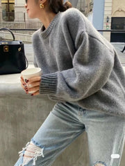 autumn and winter new 100% cashmere sweater women's grey round neck pullover knitted wool loose thick sweater