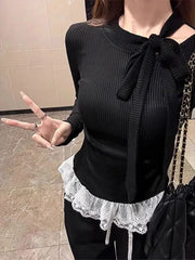 Knit Bow Tied Basic Top Women Patchwork Lace Ruffles Slim fit Long sleeve T-shirt Solid color Plain Tees Shirt Ladies Korean