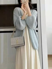 Lazy Wind Retro Cardigan Women Casual Loose Long Sleeve Korean Knitted Sweaters Coats Vintage Fall Winter Simple Solid Tops New