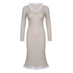 Fur Trim Knitted Slim Casual Long Dress
