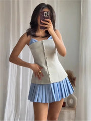 2025 New Vintage Stripe Patchwork Short Dress Fashion Pleated Slip Dress A-line Chic Single Breasted Summer Dress Vestidos